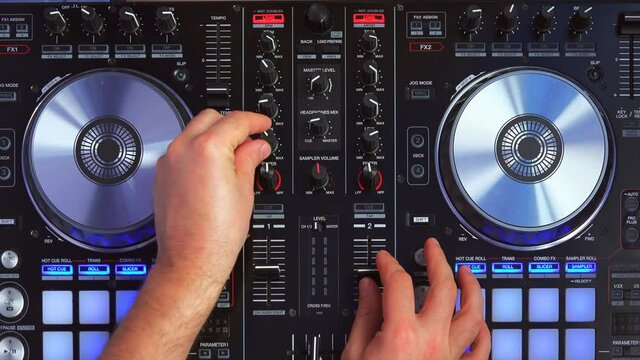 Turn on DJ turntable mixer desk, top view