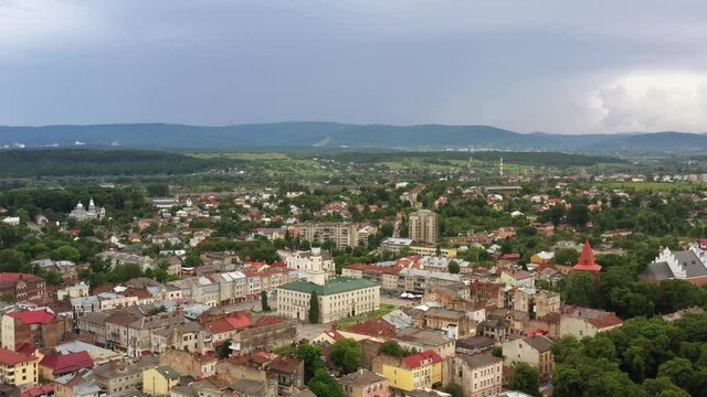 Cityscape of Drohobych. Aerial drone view of old European city. Architecture of downtown with city hall at center square