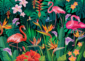 Fototapety  Tropical background from tropical flowers and flamingoes