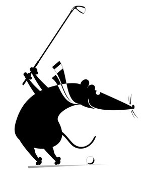 Cartoon rat or mouse plays golf illustration. Funny rat or mouse tries to do a good kick black on white 

