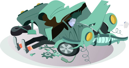 Mechanic repairs a car illustration. Legs of a mechanic sticking out from under a wrecked car isolated

