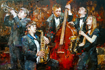 Fototapety  Stylowy zespół jazzowy grający muzykę na scenie, tło jest brązowe, pomalowane w ekspresyjny sposób. Szpachelka technika malarstwa olejnego i pędzla.