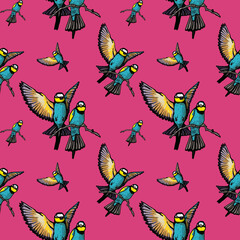 Seamless pattern pink background tropics birds
