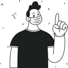 Man wearing medical mask and gloves to prevent disease, flu, air pollution, contaminated air, world pollution. Isolated sketch object. Flat vector illustration.