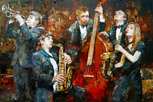 Stylish jazz band playing music on the scene, background is brown, painted in the expressive manner. Palette knife technique of oil painting and brush.