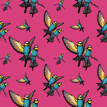 Seamless pattern pink background tropics birds