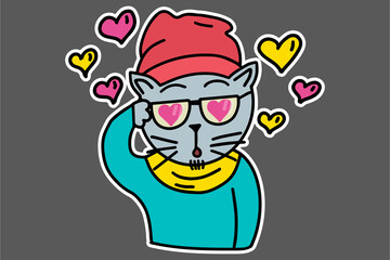 Hipster cat in Love. Cat in glasses, clothes, hat, scarf, sweater with hearts.Concept of Valentine's day Flat style sticker for t-shirt, sweatshirt, banner, poster postcard.