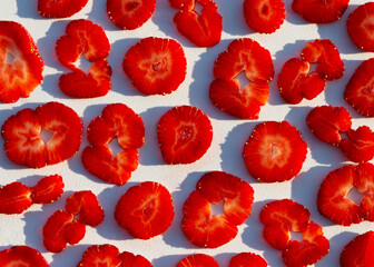 Sliced strawberries food pattern. Summer minimal concept with light and with hard shadows.