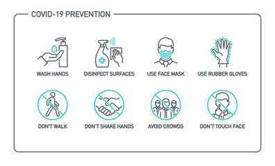 Prevention line icons set isolated on white. outline symbols Coronavirus Covid 19 pandemic banner. Quality design elements mask, gloves, distance, wash disinfect hands, stay home with editable Stroke