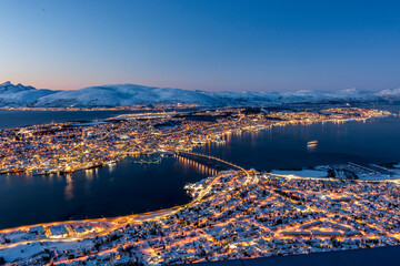 Twilight over Tromso with beautiful sunset seen from Floya hill