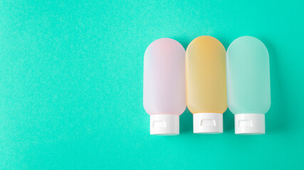 essential travel kit. toiletry kit. cosmetic bottles. small cosmetic travel containers for cream, shampoo, conditioner