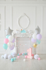 Birthday party decoration with balloons and cakes