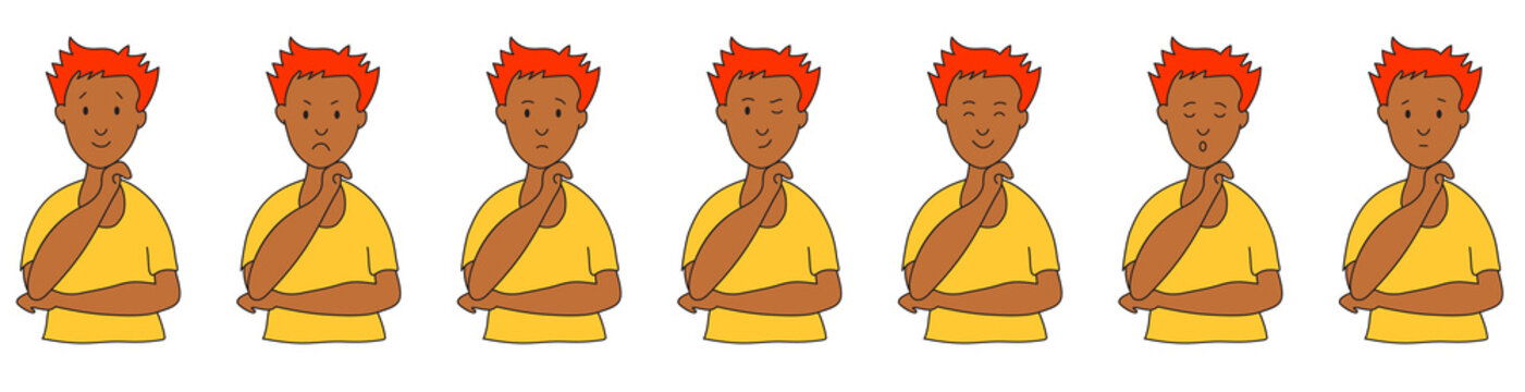 Different emotions and facial expressions of the face of a young Asian guy. Ethnic man with yellow skin raised his hand. Vector flat design illustration of man.