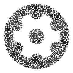 Workshop mosaic for gearwheel. Round abstract gearwheel mosaic is composed of random gears. Engineering illustration in gray colors, flat style, circle shape.