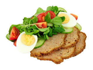 Thin slices of haslet meat with a fresh egg salad meal isolated on a white background, haslet is an English pork and herb meatloaf also sometimes called acelet