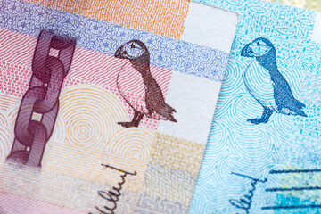 Obverse side of overlapping new banknote series of 100 and 200-kroner notes. On a corner of the note an Atlantic puffin is portrayed.
