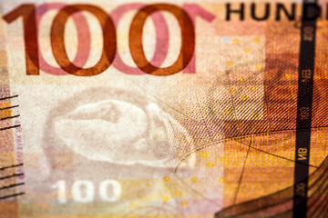 Macro detail of obverse side of the watermark of new Norwegian banknote series NOK One Hundred 100-krone note shows the head of an Atlantic puffin.