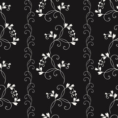 Simple vector floral seamless pattern. Black and white ornament with small leaves, curved branches, twigs. Abstract monochrome vintage background. Dark repeat design for wallpapers, fabric, covers