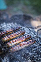 sausages are grilled on the grill, barbecue in nature