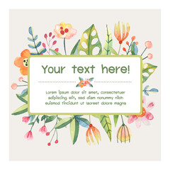 Water color botanical cute flower graphic cartoon style around text box on ivory background illustration vector. Suitable for vacation day and  various design elements. 