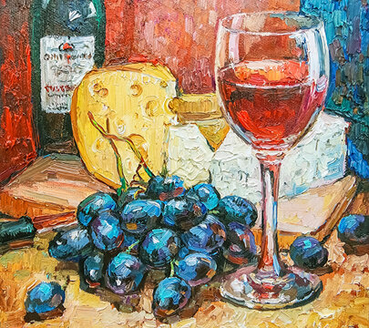 Mediterranean motifs. Still life in rich bright colors, were depicts red wine and cheese. Oil painting on canvas, created by expressive paint strokes.