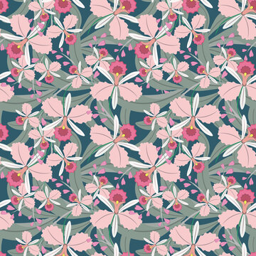 Vector tropical seamless pattern. Elegant background in hawaiian style with hand drawn pink orchid flowers and green leaves. Exotic botanical texture. Stylish summer design for wallpapers, fabric