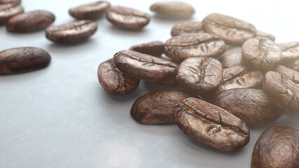 Isolated 3d coffee beans are lying on white background.  3d rendering