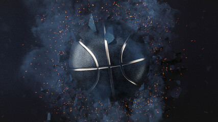 Black Basketball ball with Gold Metallic Line on cracked dark wall. White swirling smoke and orange sparks. 3d rendering..
