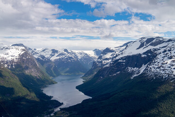 Fototapeta na wymiar norway, nature, landscape, mountain, travel, tourism, water, blue, sky, beautiful, summer, scenery, scandinavia, europe, north, outdoor, sea, scenic, view, norwegian, fjord, lake, panorama, nordic, oc