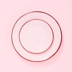 Pink kitchen background. Food concept. Pink plates on pastel pink background. Flat lay, top view, copy space. 