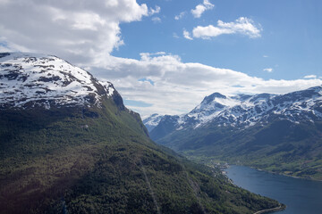 Fototapeta premium norway, nature, landscape, mountain, travel, tourism, water, blue, sky, beautiful, summer, scenery, scandinavia, europe, north, outdoor, sea, scenic, view, norwegian, fjord, lake, panorama, nordic, oc