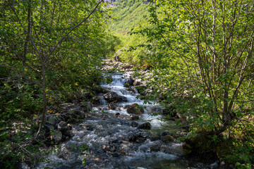 Obraz premium norway, nature, landscape, mountain, travel, tourism, water, blue, sky, beautiful, summer, scenery, scandinavia, europe, north, outdoor, sea, scenic, view, norwegian, fjord, lake, panorama, nordic, oc
