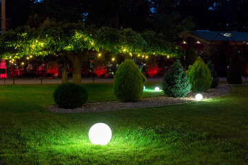 illumination backyard light garden with electric ground sphere lantern with stone mulch and thuja...