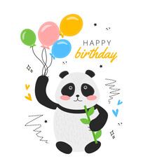 Illustration postcard happy birthday with a panda with bamboo in his paw, balloons, hearts, doodle. Greeting card vector