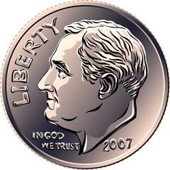 American money Roosevelt dime, United States one dime or 10-cent silver coin with President Franklin D Roosevelt on obverse - obrazy, fototapety, plakaty
