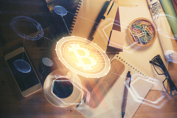 Multi exposure of crypto theme drawing and work table top veiw. Concept of blockchain technology in business.