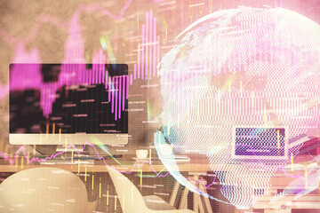 Multi exposure of financial graph drawing and office interior background. Concept of market analysis.