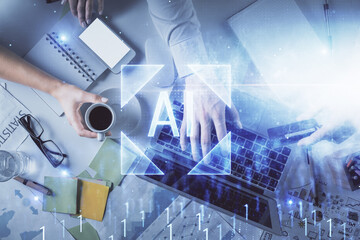 Double exposure of man and woman working together and data theme hologram drawing. Computer background. Top View.