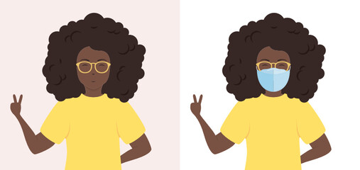 Black and Beautiful Woman of Color Wearing Face Mask, Black Woman Character Cartoon, Human Being, Person Vector Illustration Background