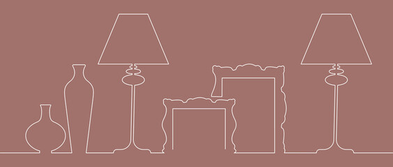 Horizontal line drawing. Continuous image of interior items. Isolated on a pink background. You can use it as a banner, background, business card, signboard, or website.