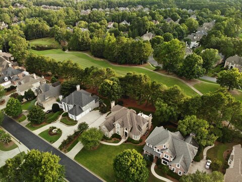 Aerial view of an upscale subdivision in suburbs of Atlanta, GA usa