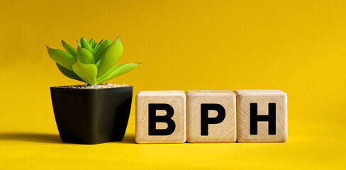BPH - medical concept on a yellow background. Wooden cubes and flower in a pot.