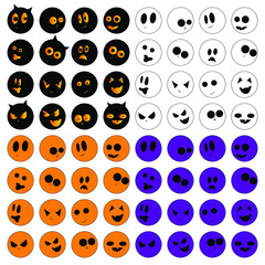 Big set of round stickers with faces for Halloween. Pumpkins, bats, ghosts and monsters with different emotions: joy, curiosity, fear, surprise, horror, fun, sadness, happiness.