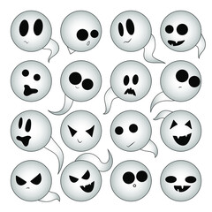 Set of round white stickers with funny faces. Halloween ghosts with different emotions: joy, curiosity, fear, surprise, horror, fun, sadness, happiness. Cartoon sperm icons.