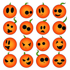 Set of round orange stickers with faces. Halloween pumpkins with different emotions: joy, curiosity, fear, surprise, horror, fun, sadness, happiness. Cartoon oranges icons. Doodle style.