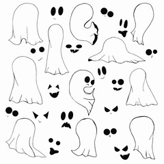 Set with elements for Halloween on a white background. Funny cartoon ghosts in different poses. Constructor. Doodle style. Black and white illustration. Hand drawing.