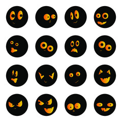 Set of round stickers with faces and fiery eyes. Different emotions for Halloween: joy, curiosity, fear, surprise, horror, fun, sadness, happiness.
