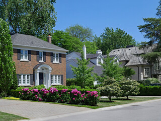 Street of suburban houses in traditional style with driveways and front gardens