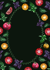 Fototapeta na wymiar Hand-drawn vertical oval frame ornament: Italian tomatoes and basil vegetables. Great idea for menu booklet, food delivery or farmers market flyer, restaurant ads, cards or stickers, slides. A4 size