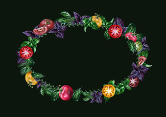 Hand-drawn oval wreath frame ornament: Italian tomatoes and basil vegetables. Great idea for menu booklet, food delivery or farmers market flyer, restaurant ads, cards or stickers, slides. A4 size.